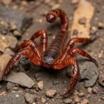Escorpião marrom em área com vegetação